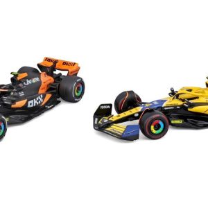 voiture de course formule 1 oange et noir et jaune et verte